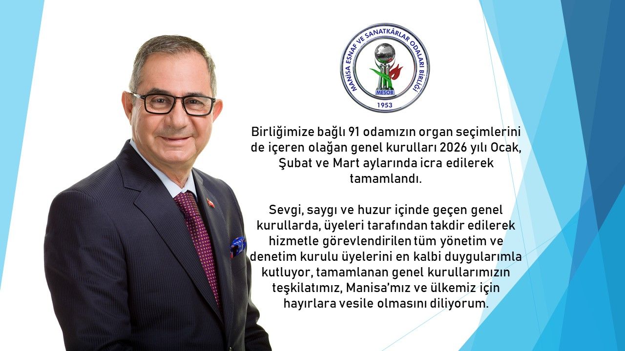 Birliğimize bağlı 91 odamızın organ seçimlerini de içeren olağan genel kurulları 2026 yılı Ocak, Şubat ve Mart aylarında icra edilerek tamamlandı.